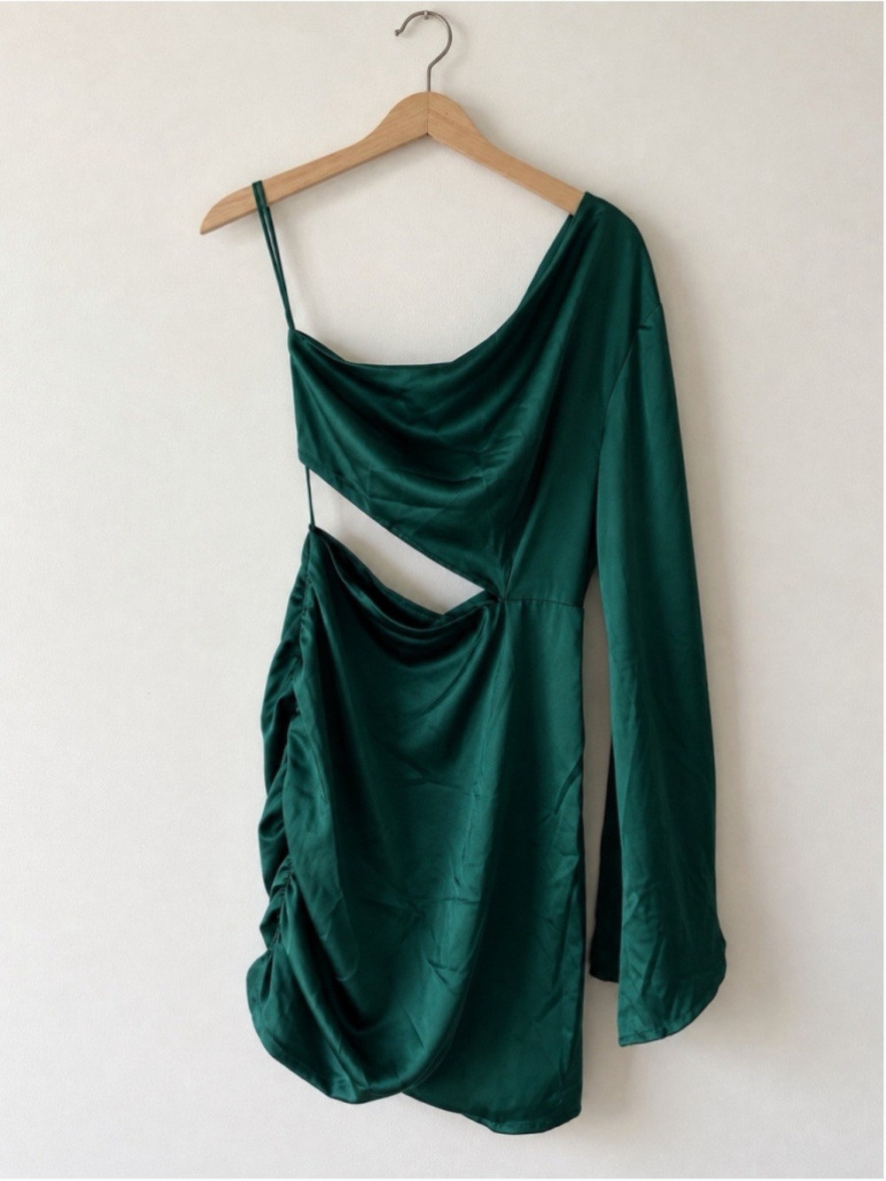 Altar’d State Emerald Green Satin One Shoulder Cutout Ruched Mini Dress Small